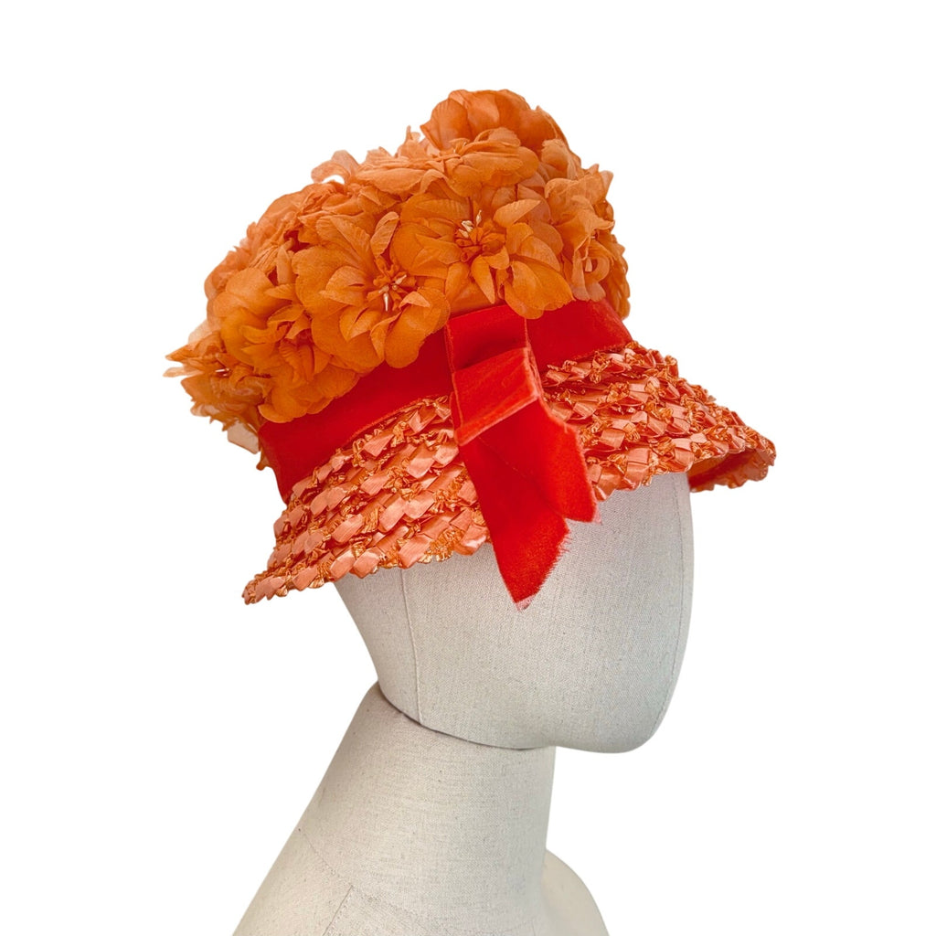 Vintage 1960s Orange Floral Raffia Straw Hat Velvet Ribbon Garden Party