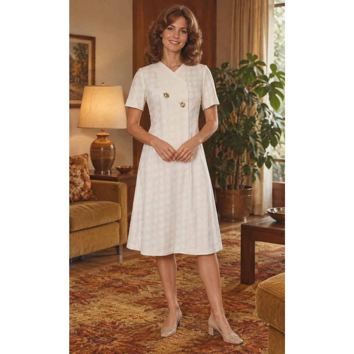 Vintage 70s White Textured Double Knit A-Line Dress Women’s Small