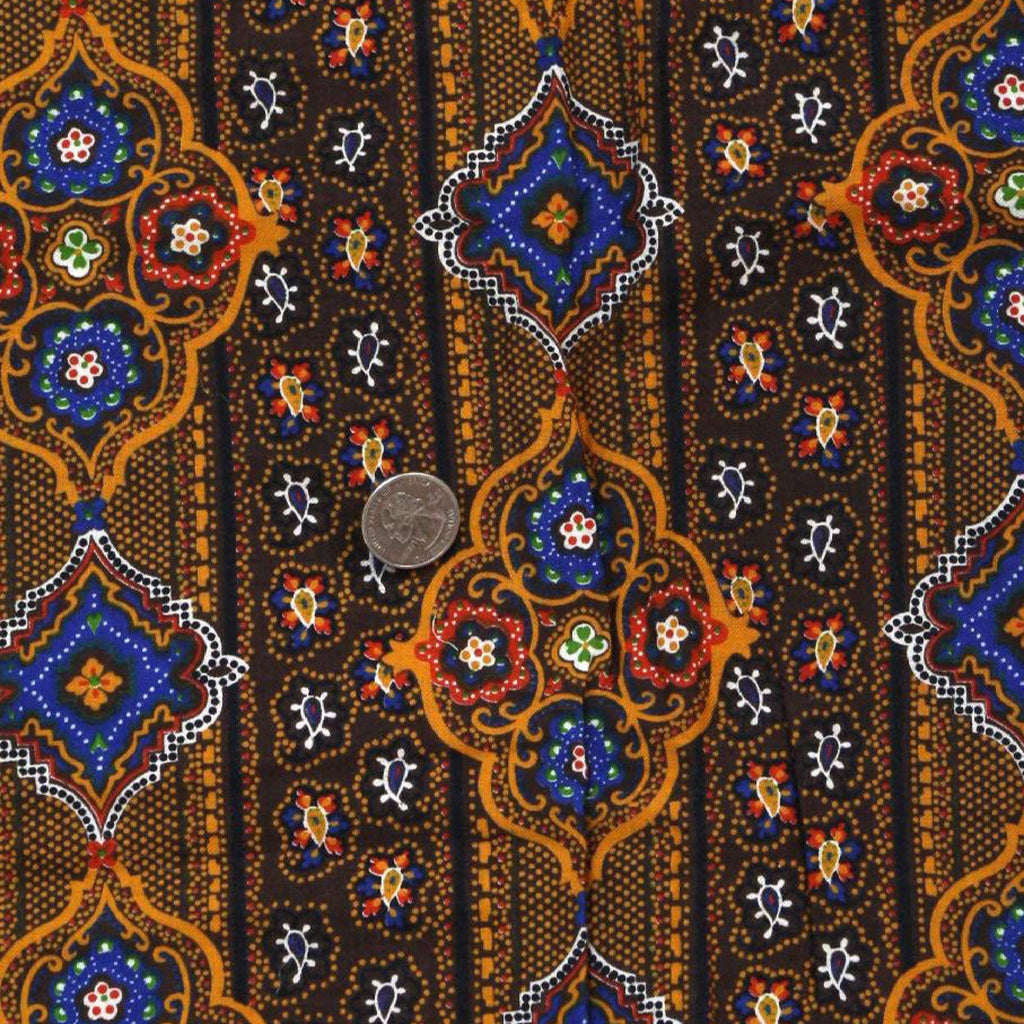 Vintage 60s Fabric Peter Pan Woven Cotton Brown Blue Orange Yardage