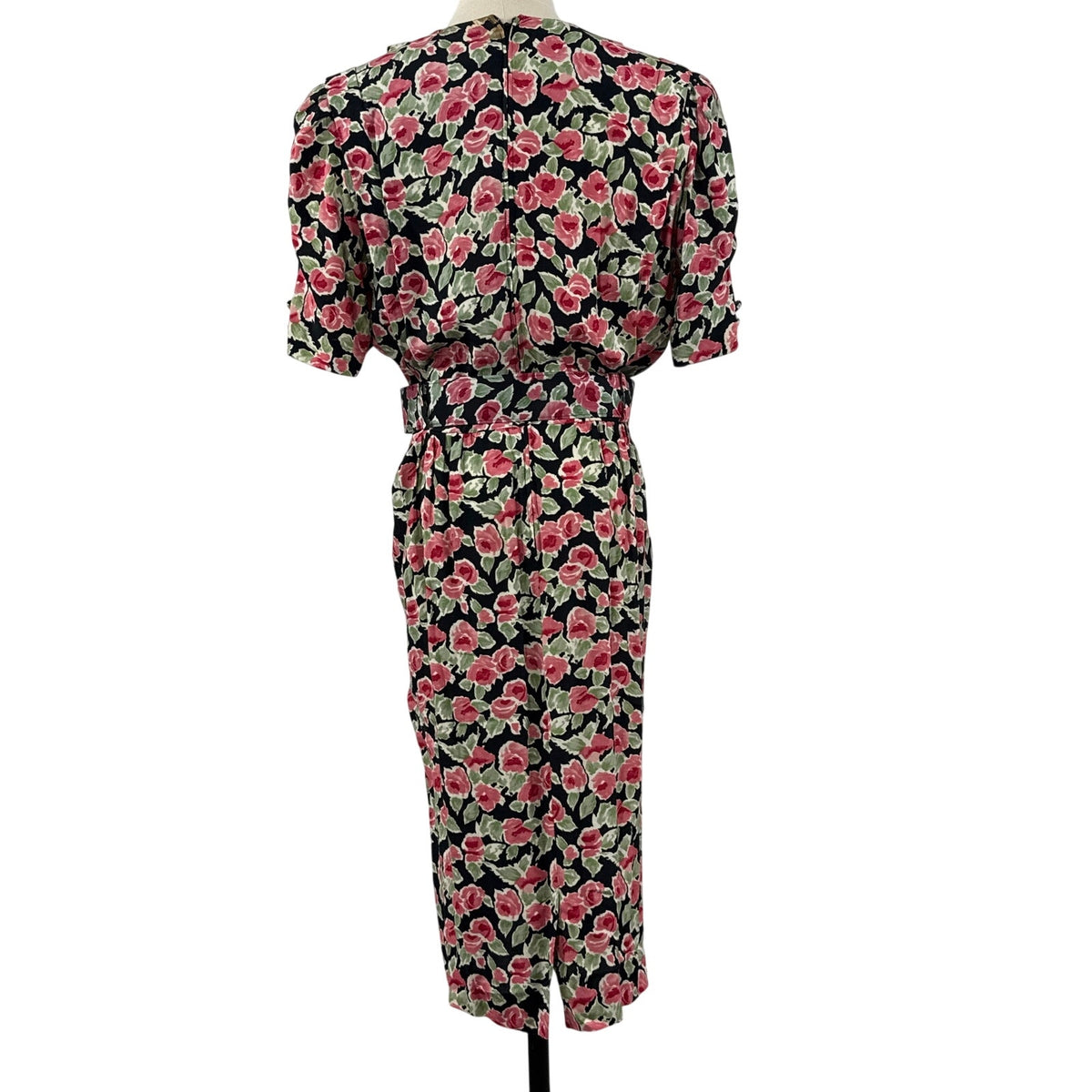 Vintage 80s Karin Stevens Pink Floral Rayon Belted Midi Sheath Dress Medium