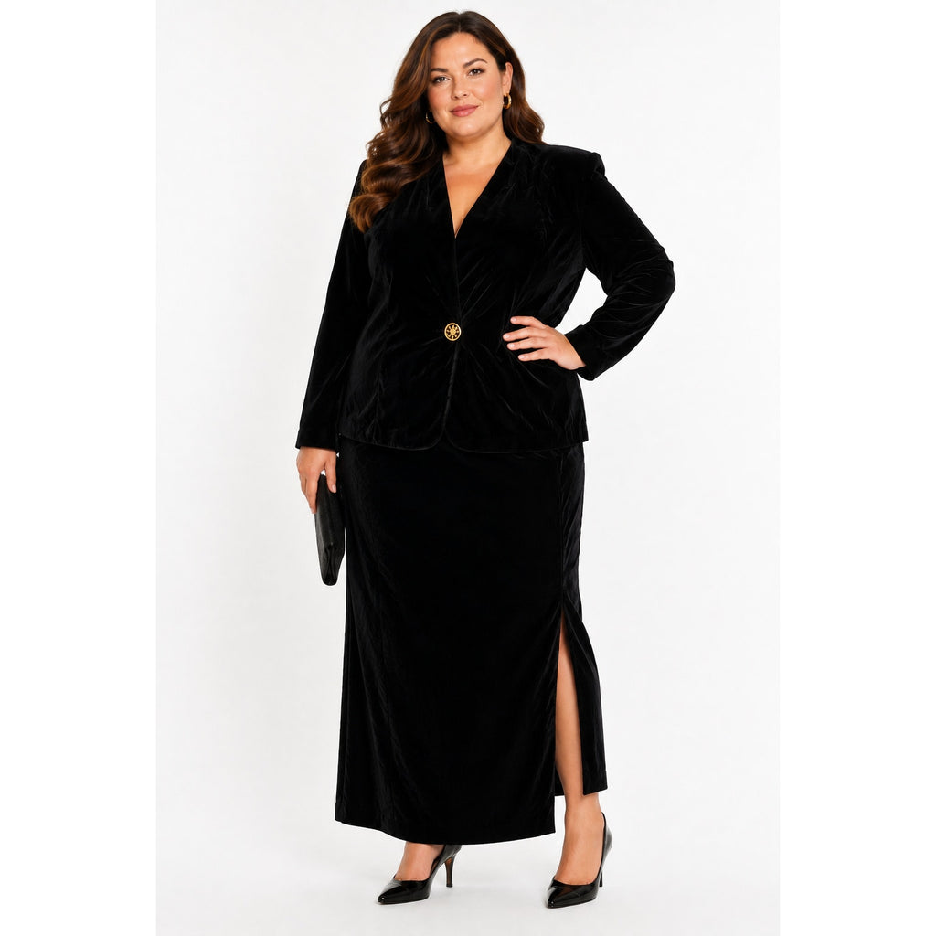 Vintage 1980s Fitting Image Avenue Black Velvet Skirt Suit Plus Size 18