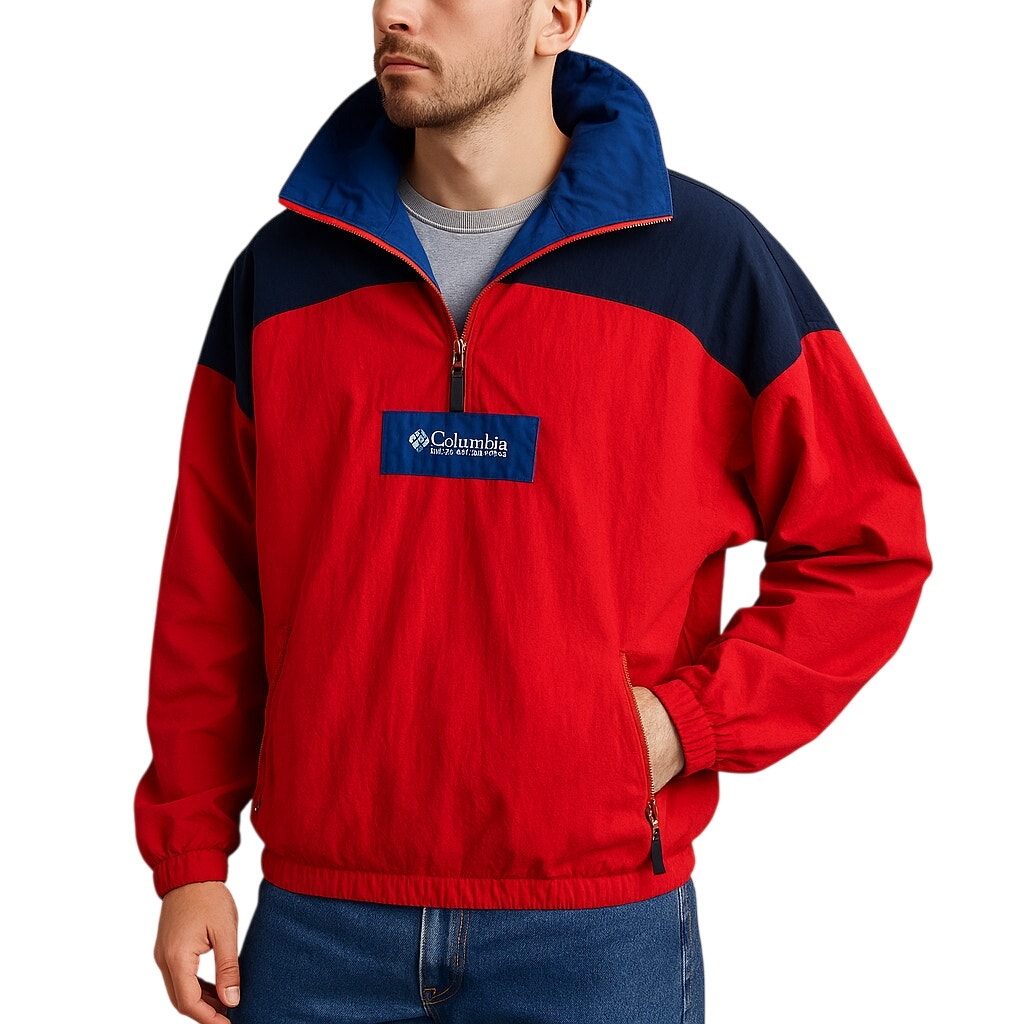 Vintage 90s Men's Small Columbia Sportswear Pullover Windbreaker Jacket Red Blue