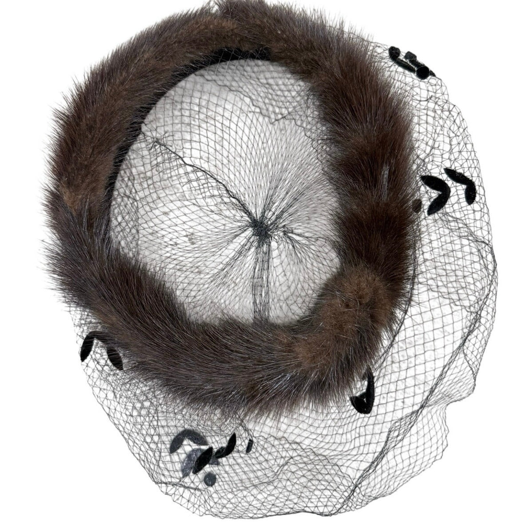 Vintage 1960s Brown Fur Ring Hat Black Velvet Veil Fascinator