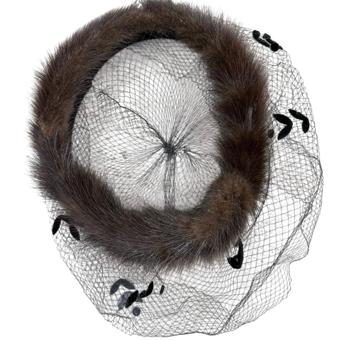 Vintage 1960s Brown Fur Ring Hat Black Velvet Veil Fascinator