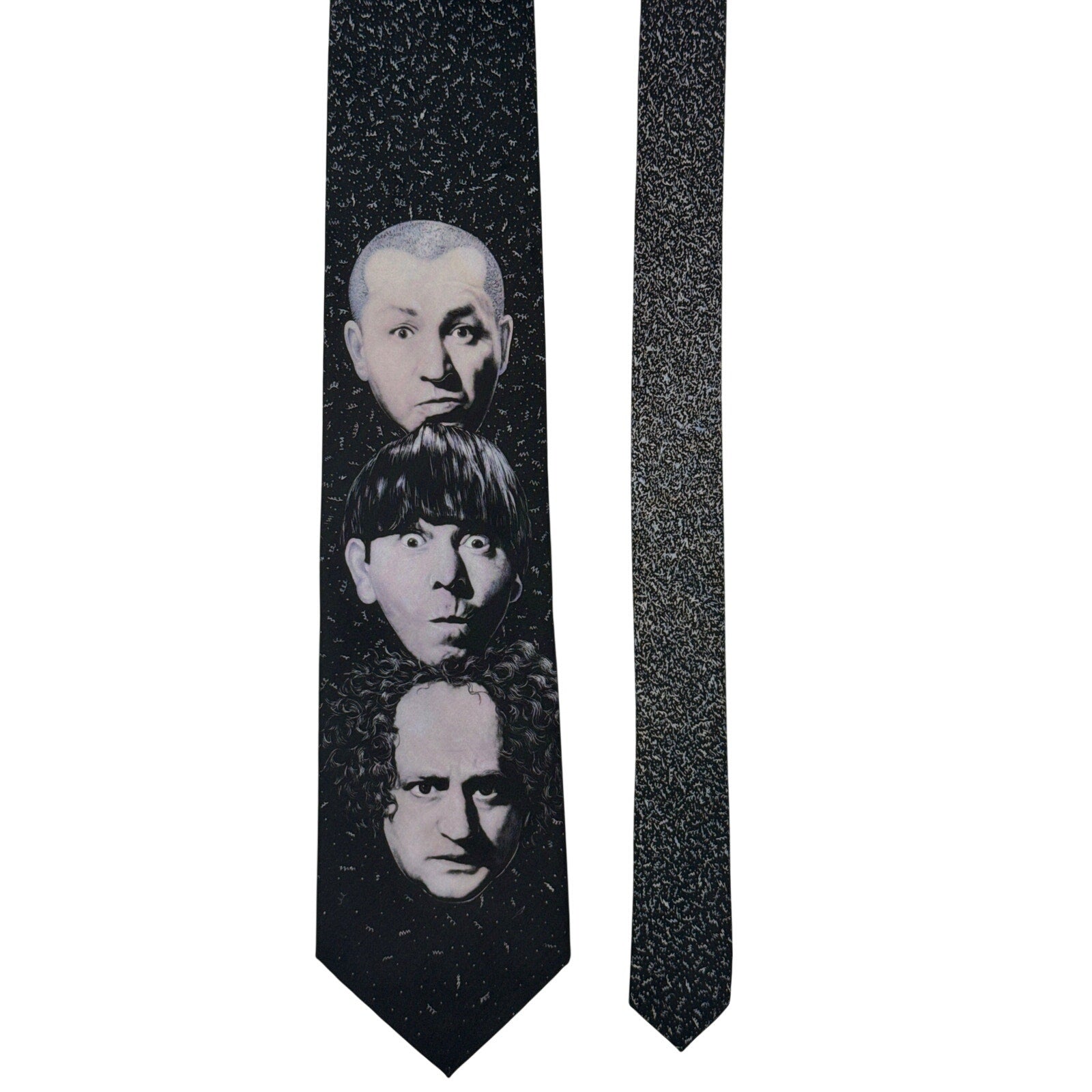 Vintage 90s Ralph Marlin Three Stooges Designer Necktie 57.5" x 3.5" Black Gray
