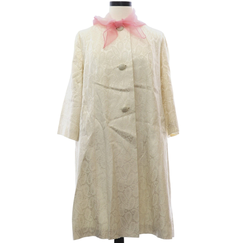 Vintage 60s Cream Paisley Flocked Coat Rayon A-Line Pink Scarf Trim Women’s XL