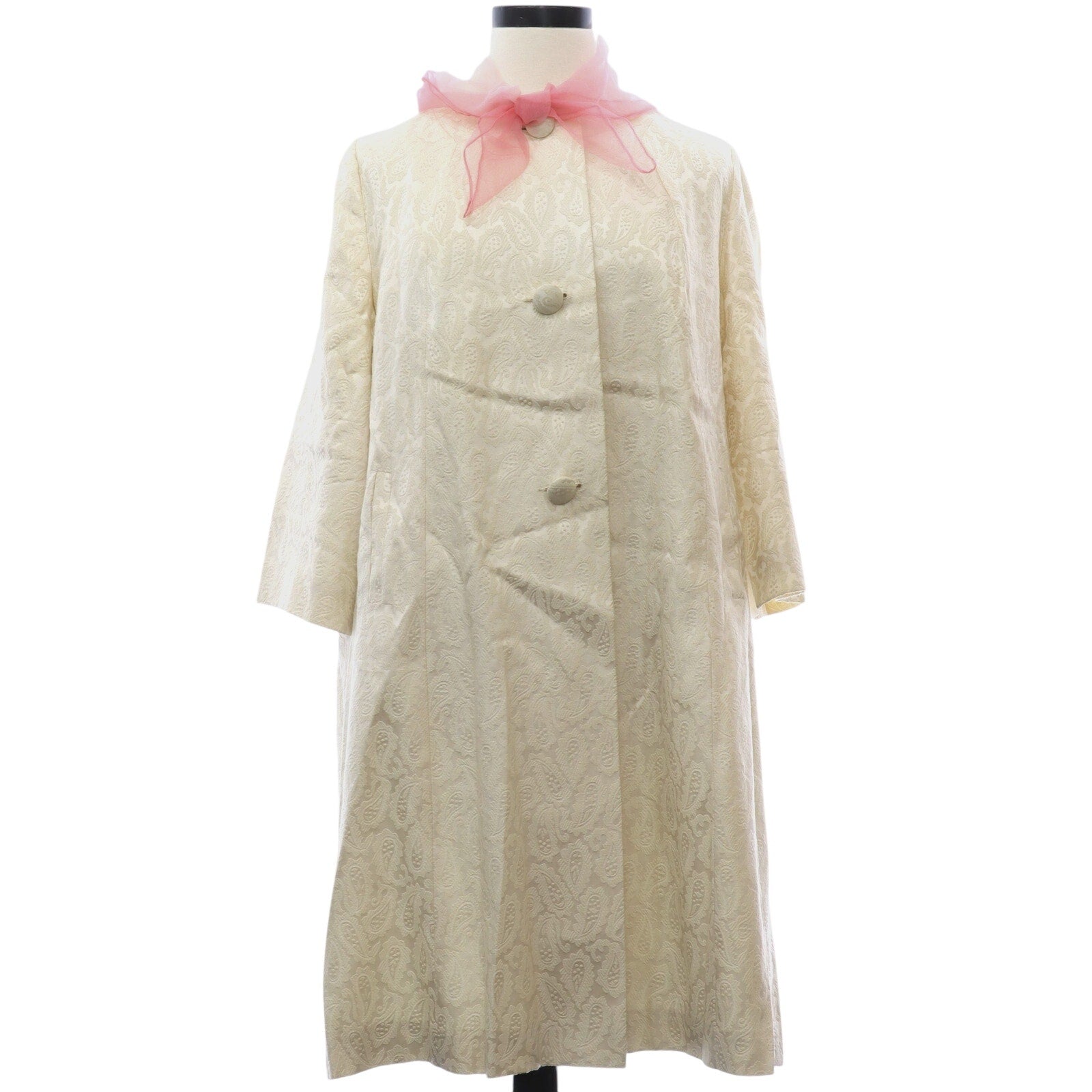 Vintage 60s Cream Paisley Flocked Coat Rayon A-Line Pink Scarf Trim Women’s XL