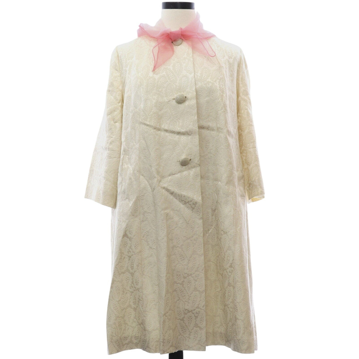 Vintage 60s Cream Paisley Flocked Coat Rayon A-Line Pink Scarf Trim Women’s XL