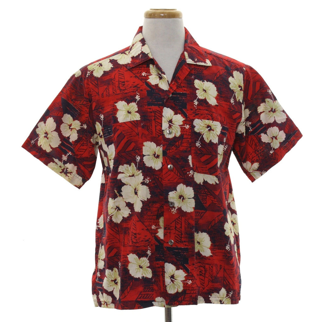 Vintage 80s Red Hawaiian Floral Camp Shirt Men's Cotton Button Front Large