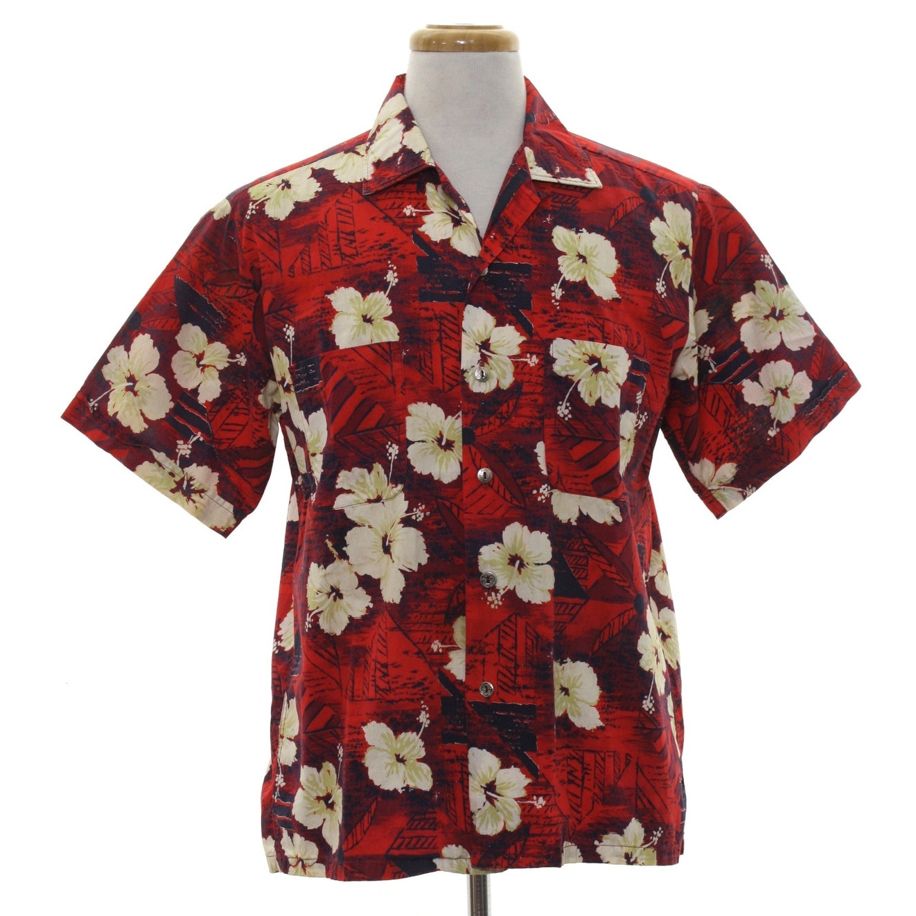 Vintage 80s Red Hawaiian Floral Camp Shirt Men's Cotton Button Front Large