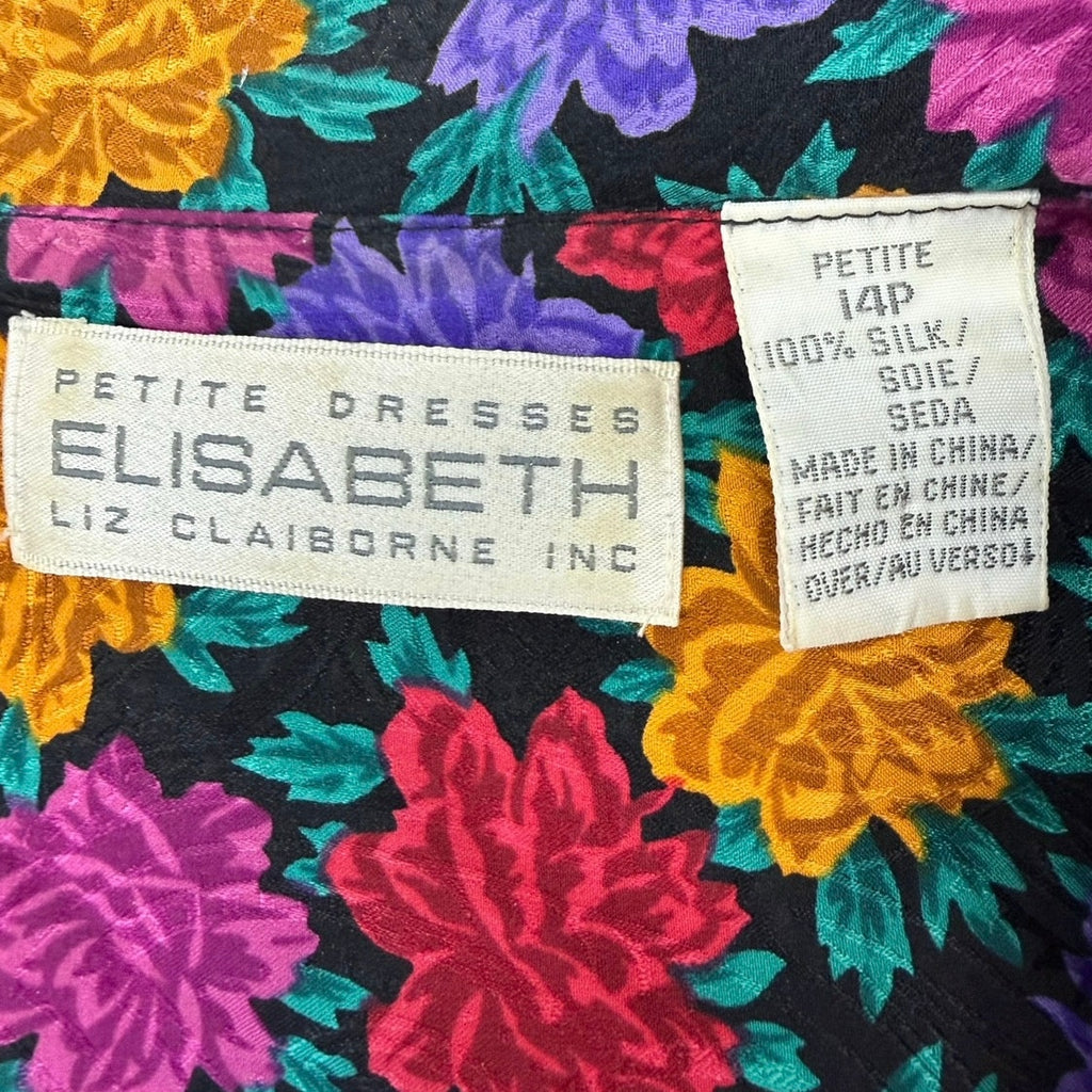 Vintage 80s Liz Claiborne Silk Floral Midi Dress Belted Petite 14 Purple