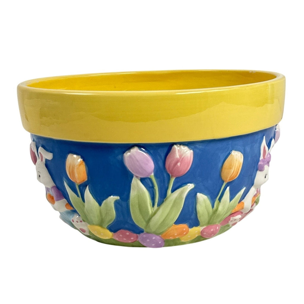 Vintage 90s Blossoms & Blooms Blue Yellow Easter Bunny Carrot Tulip Ceramic Bowl 9”