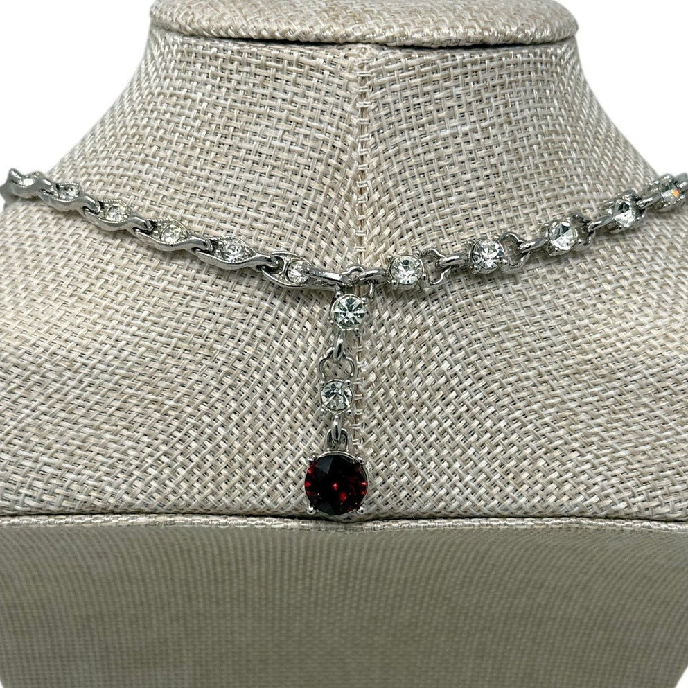 Vintage 40s Bogoff Ruby Red Rhinestone Bow Necklace Silver Tone 16”