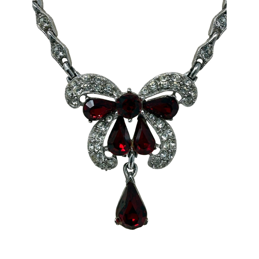 Vintage 40s Bogoff Ruby Red Rhinestone Bow Necklace Silver Tone 16”