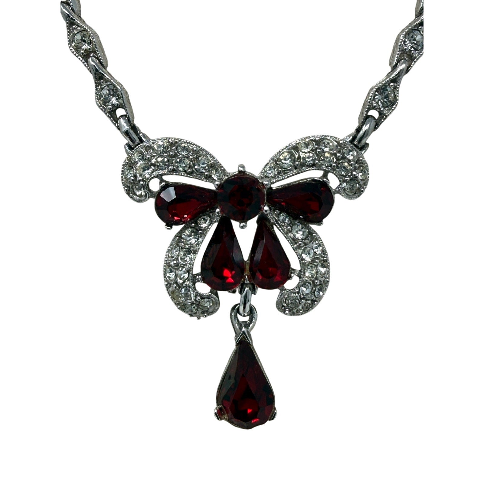 Vintage 40s Bogoff Ruby Red Rhinestone Bow Necklace Silver Tone 16”