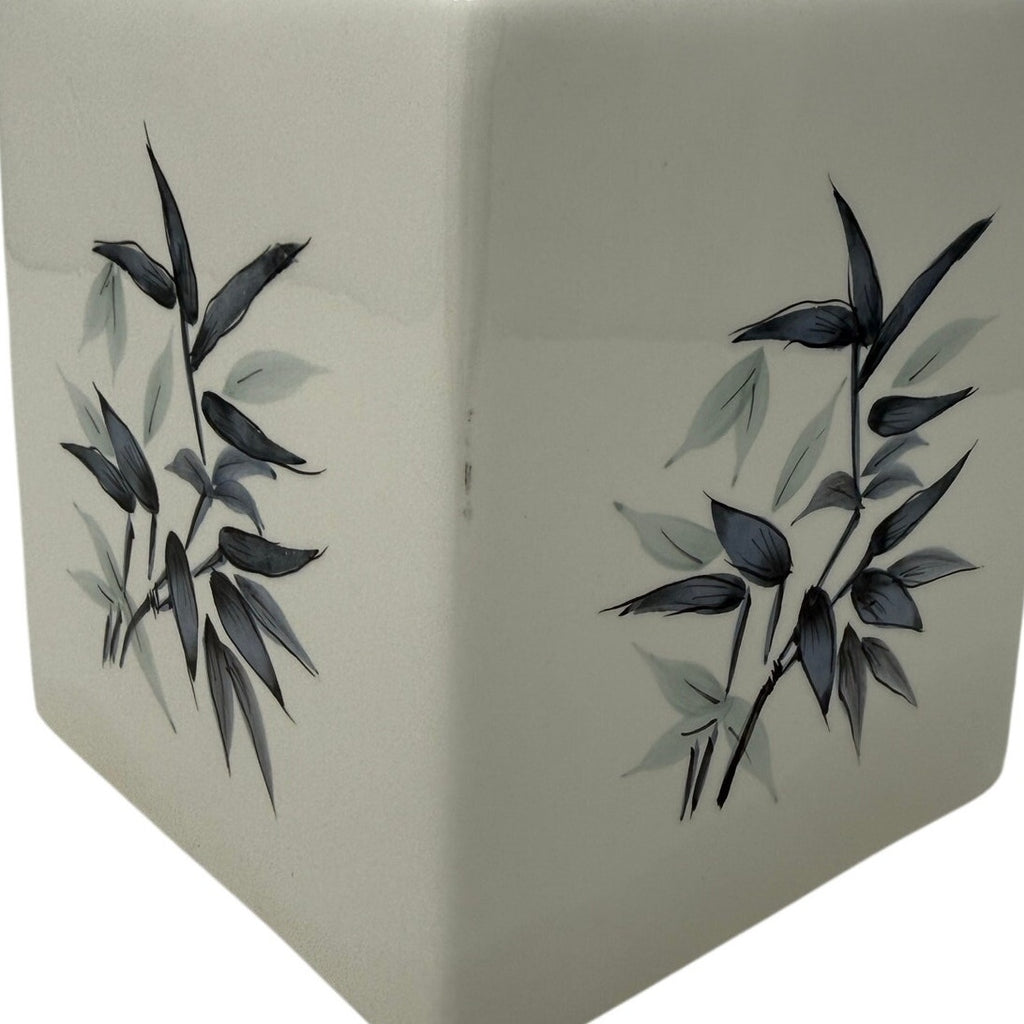 Vintage 70s Ceramic Tissue Box Cover Bamboo Floral White Square