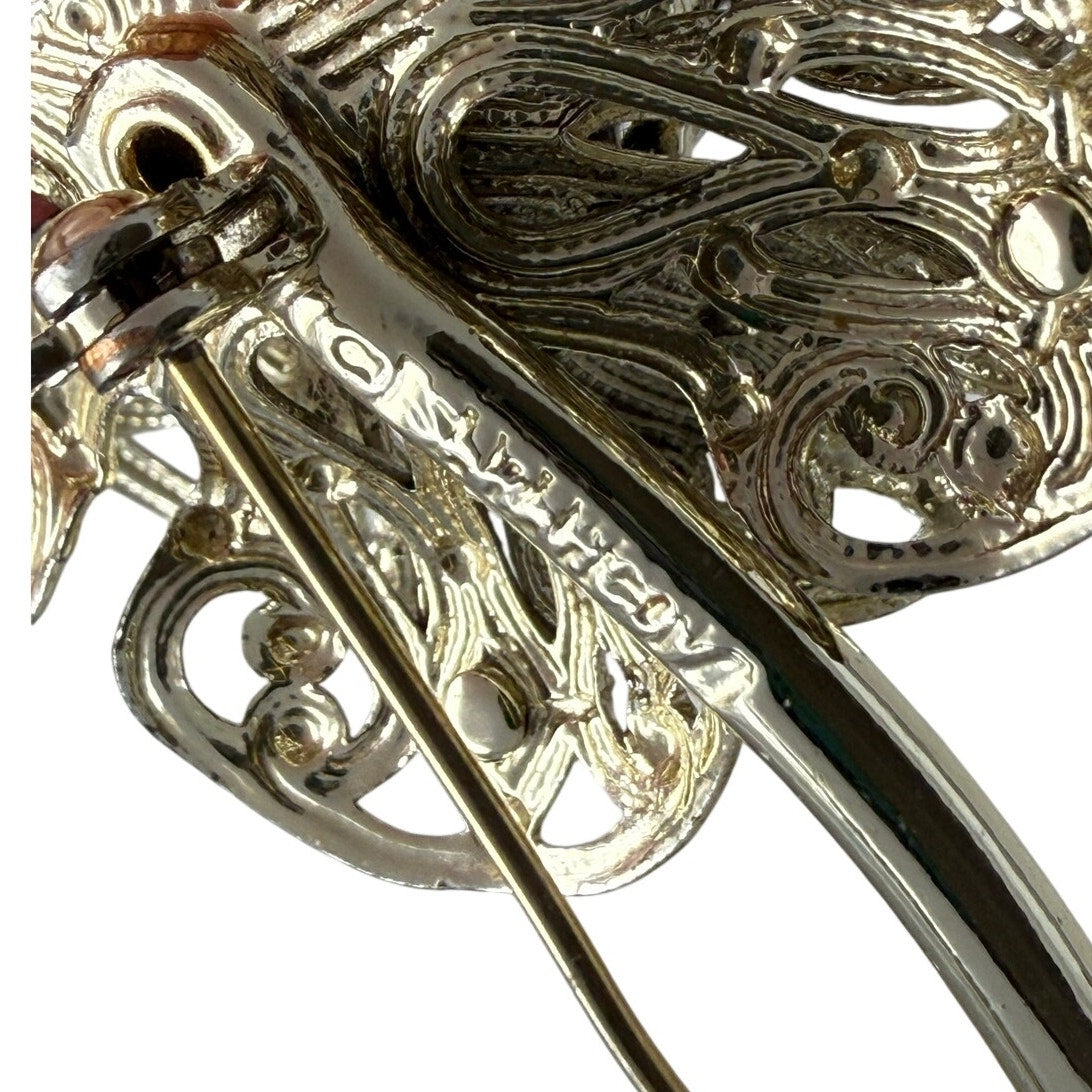 Vintage 80s Sarah Coventry Floral Rhinestone Brooch Silver Tone Pin