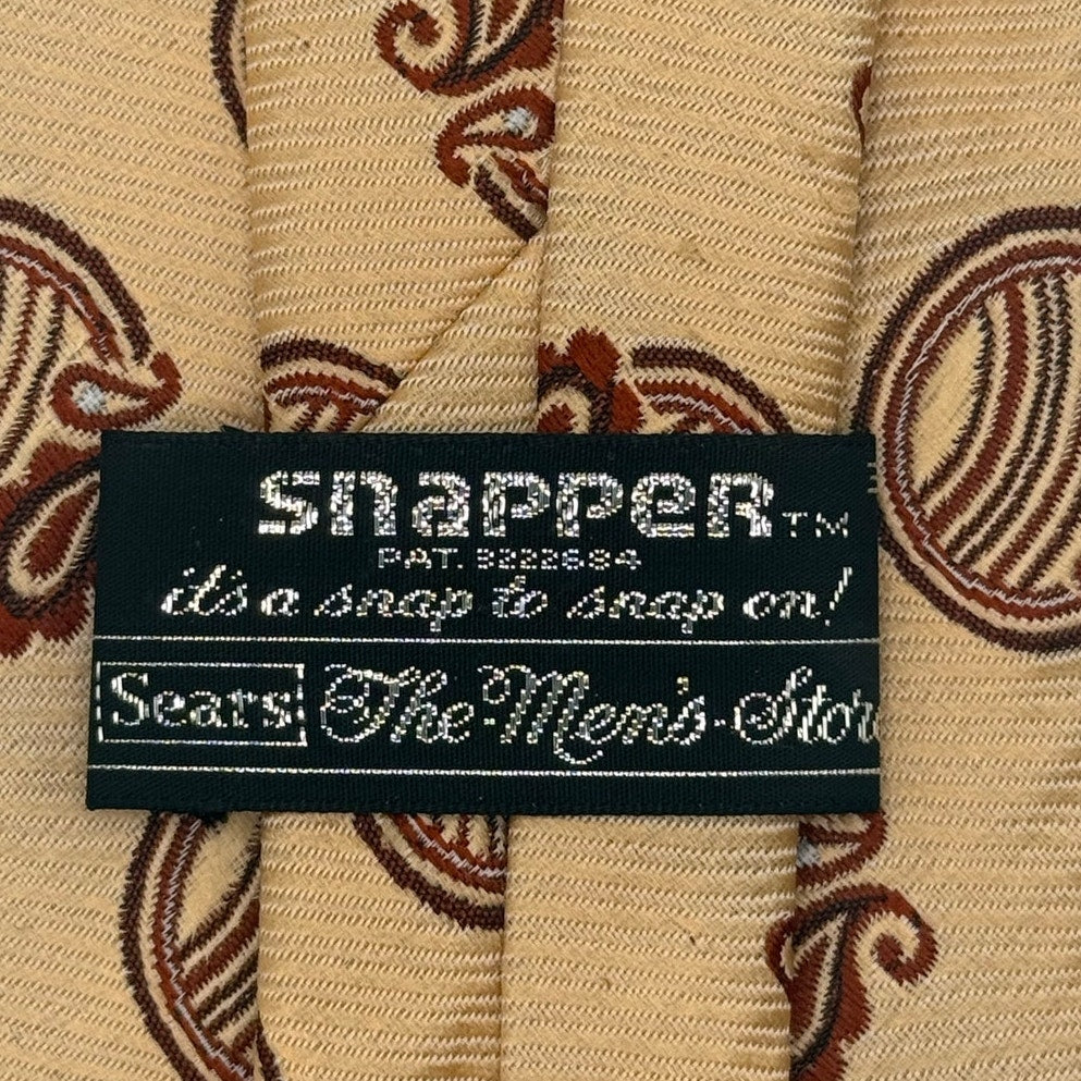 Vintage 70s Snapper Sears Clip-On Tie Taupe Paisley Polyester Wide