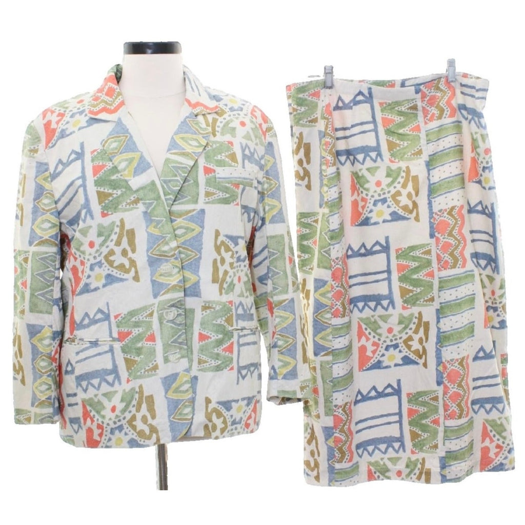 Vintage 80s Baccini Silk 3 Piece Skirt Suit Set Geometric Print Women's 18