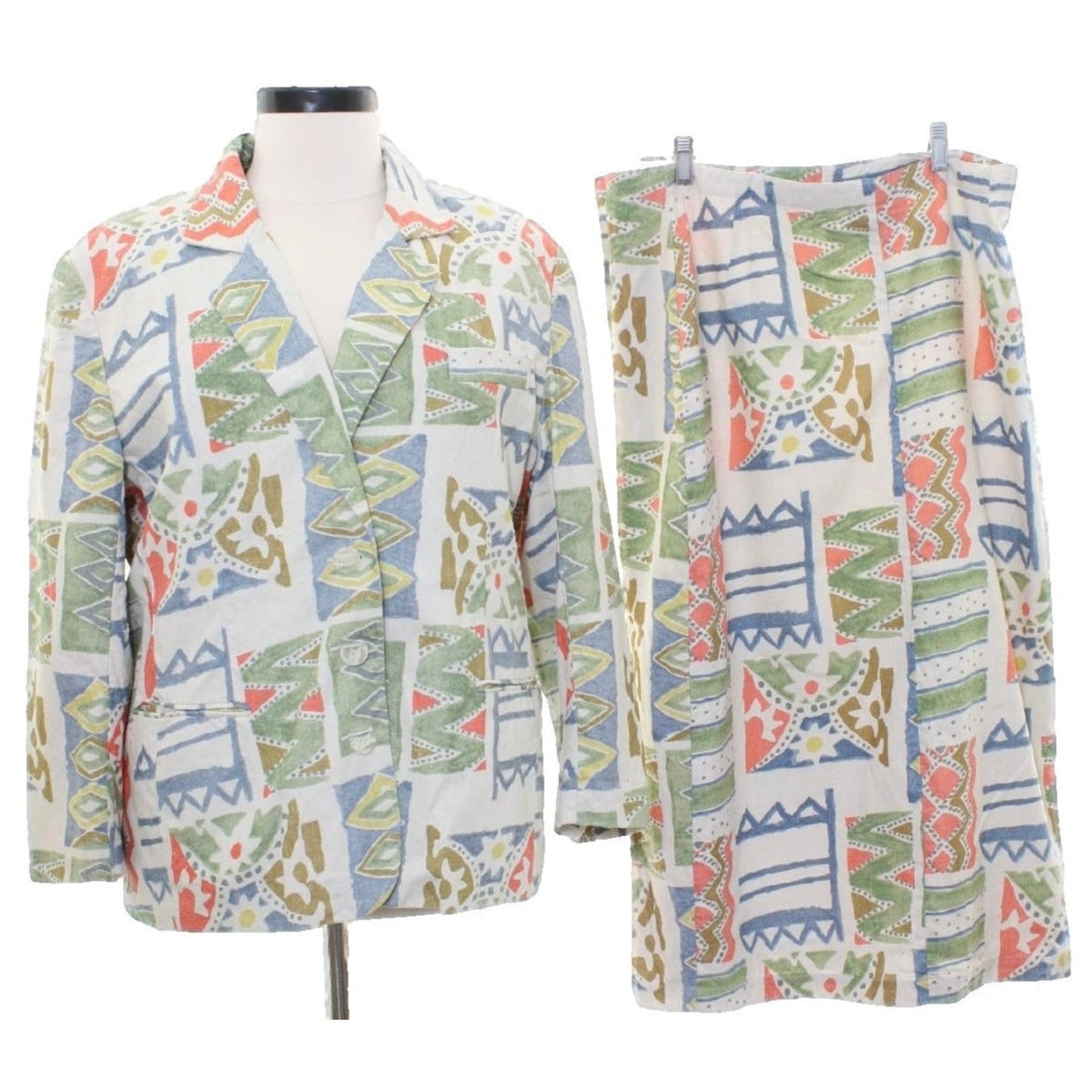 Vintage 80s Baccini Silk 3 Piece Skirt Suit Set Geometric Print Women's 18