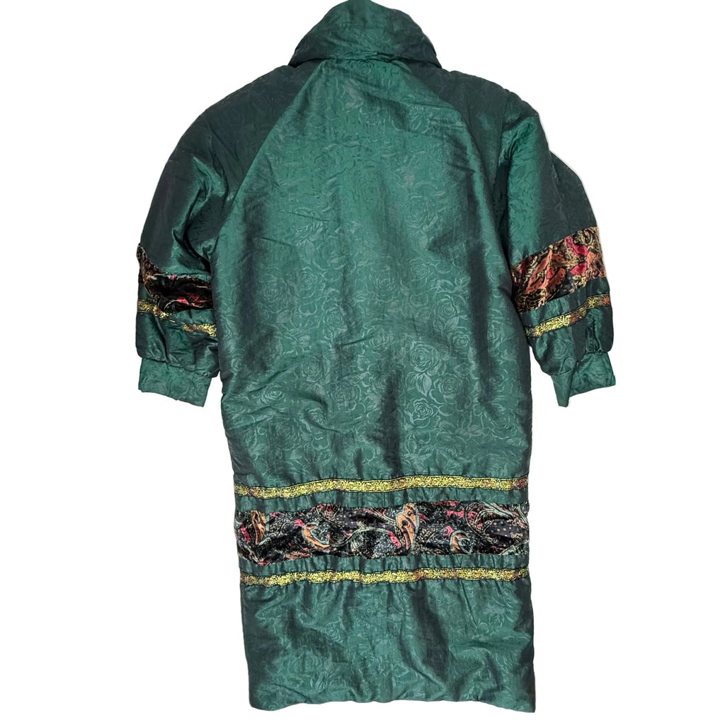 Vintage 80s Long Green Raincoat Jacket Floral Trim Midi Embroidered Women’s XL