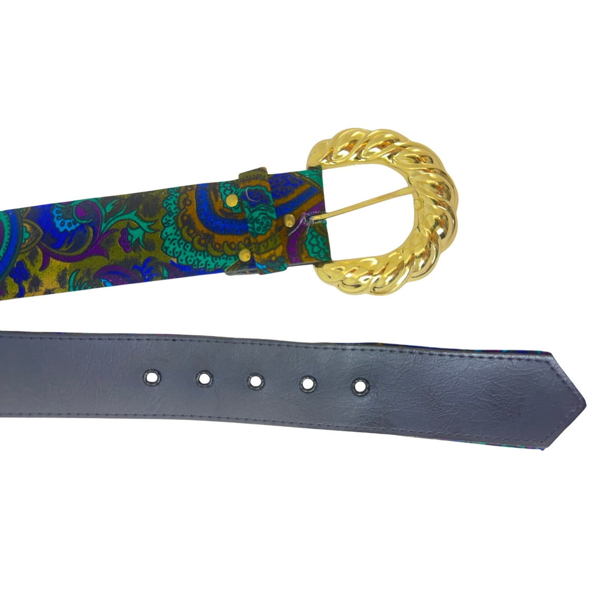 Vintage 90s Paisley Leather Belt Gold Buckle Adjustable Waist 31-35 Boho