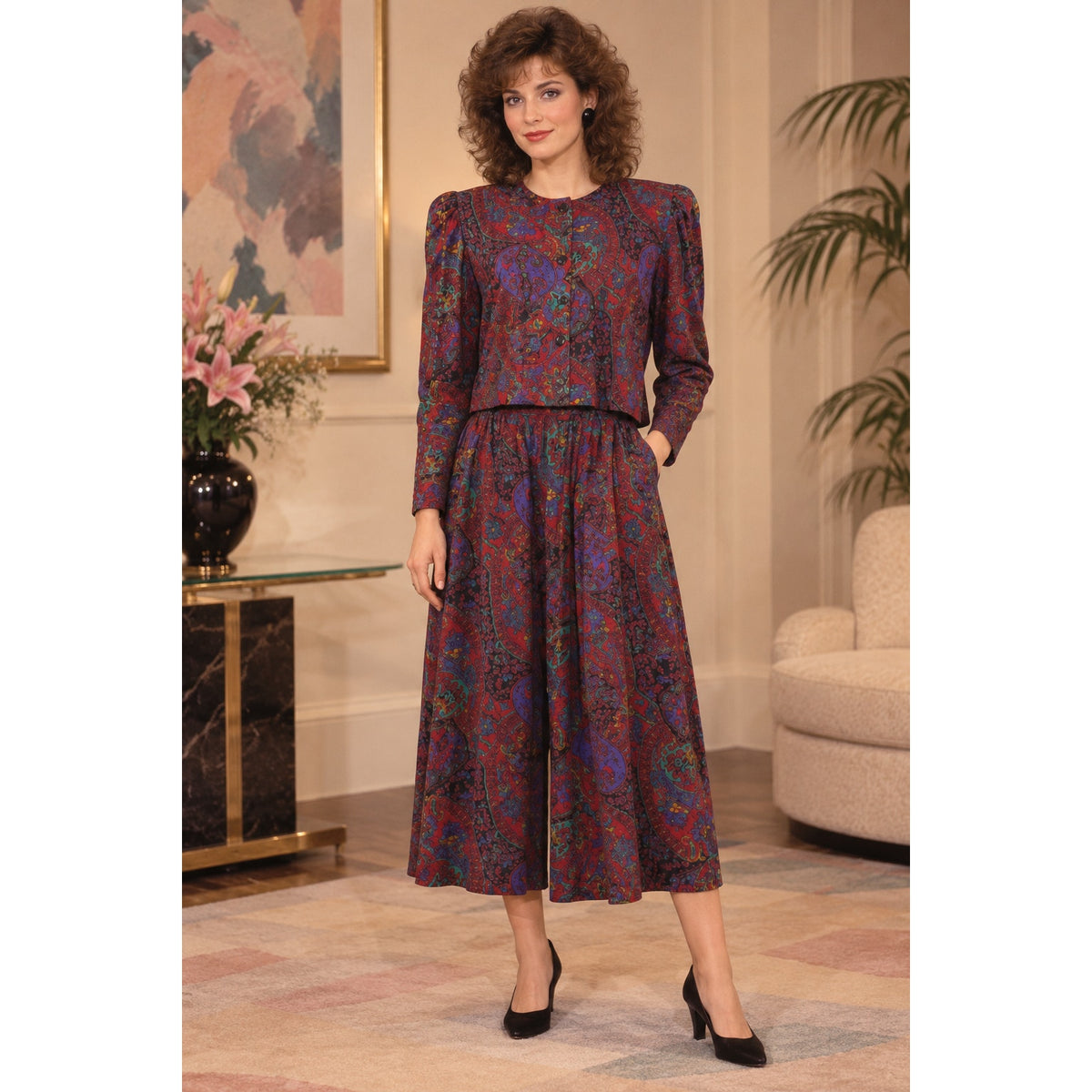 Vintage 80s Jeffrey & Dara Rayon Paisley Palazzo Pant Set Women's M/L