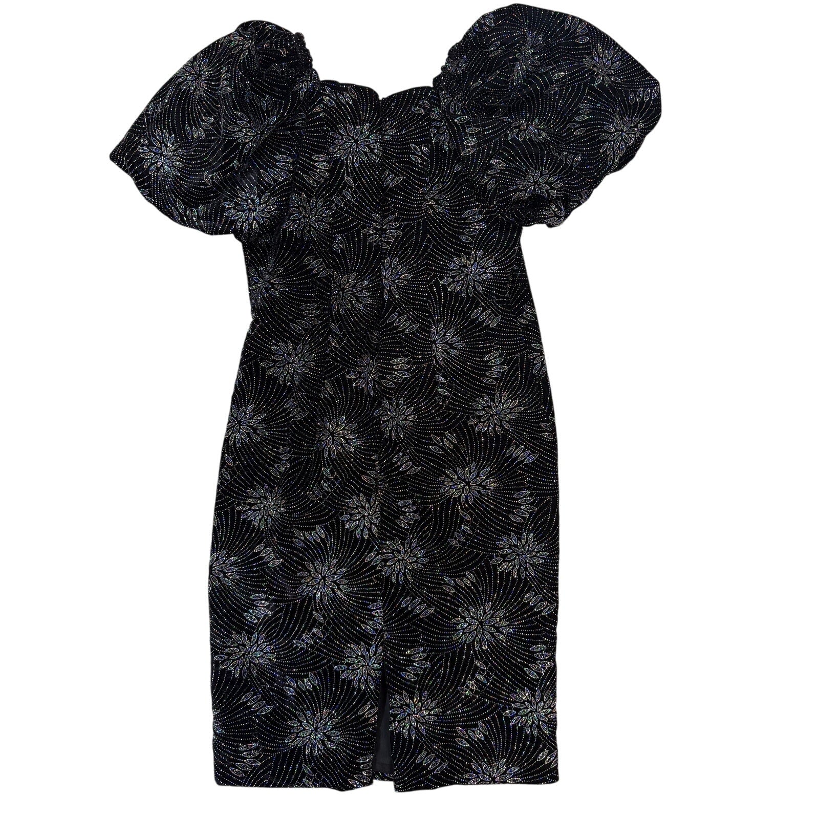 Vintage 90s Black Velvet Dress Puff Sleeve Glitter Fireworks Women's Medium Glam