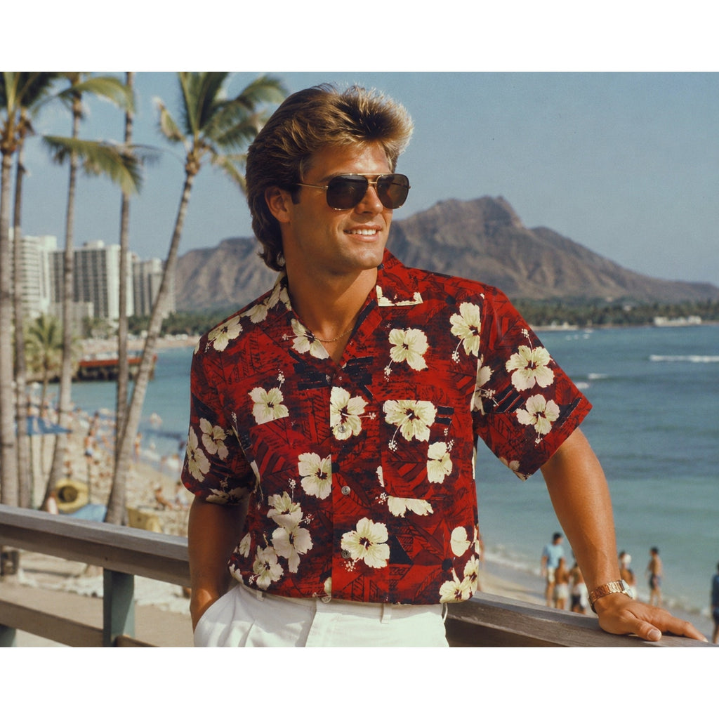 Vintage 80s Red Hawaiian Floral Camp Shirt Men's Cotton Button Front Large