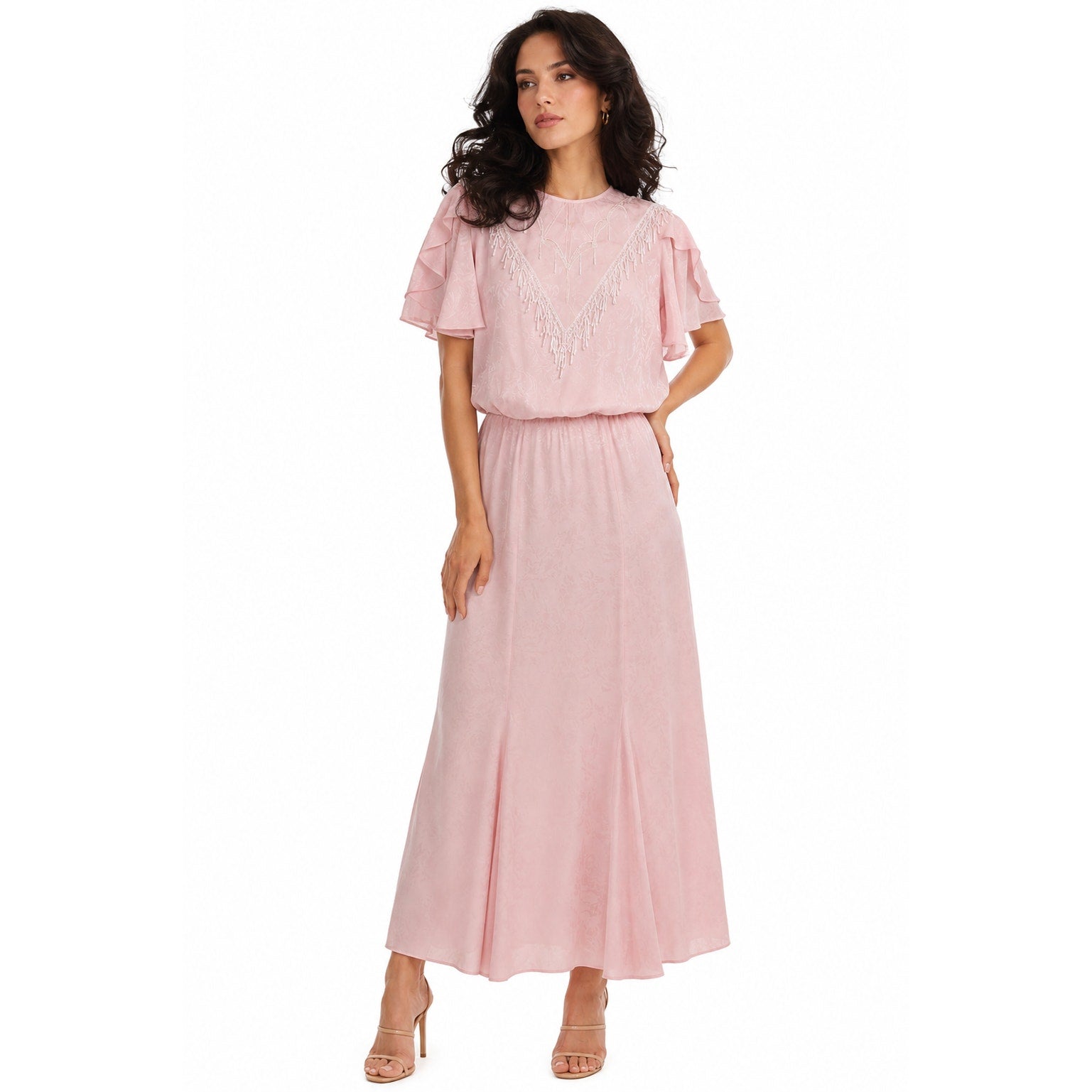Vintage 80s Women's Medium Samantha Black Pink Fringe Lace Blouson Maxi Dress