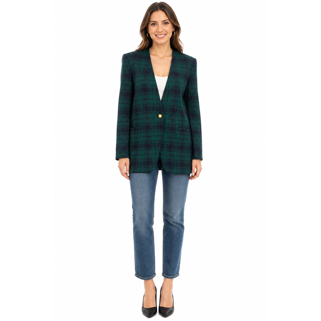 Jones New York Plaid Blazer Jacket Women's 8 Green Blue USA Single Button
