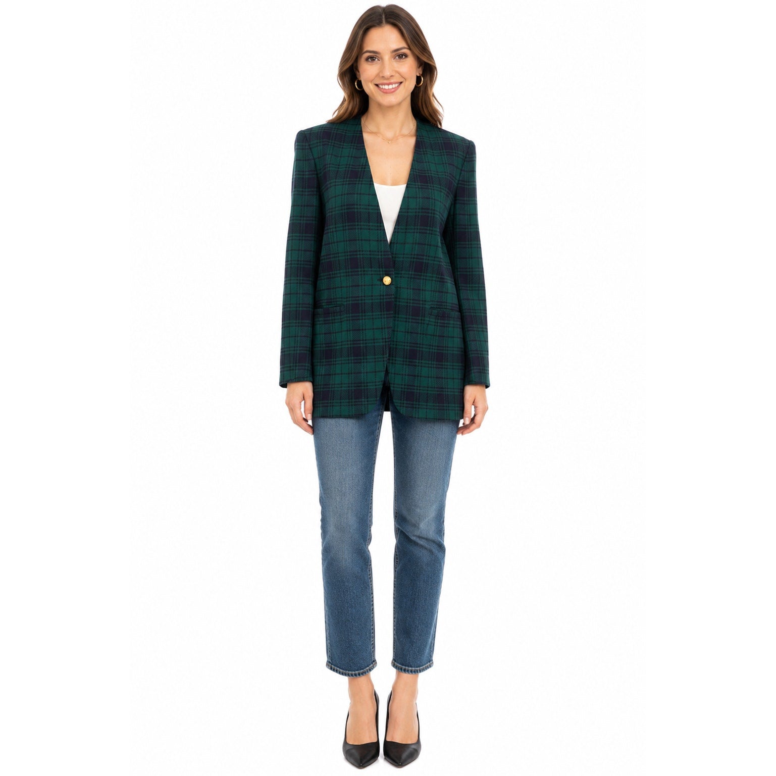 Jones New York Plaid Blazer Jacket Women's 8 Green Blue USA Single Button