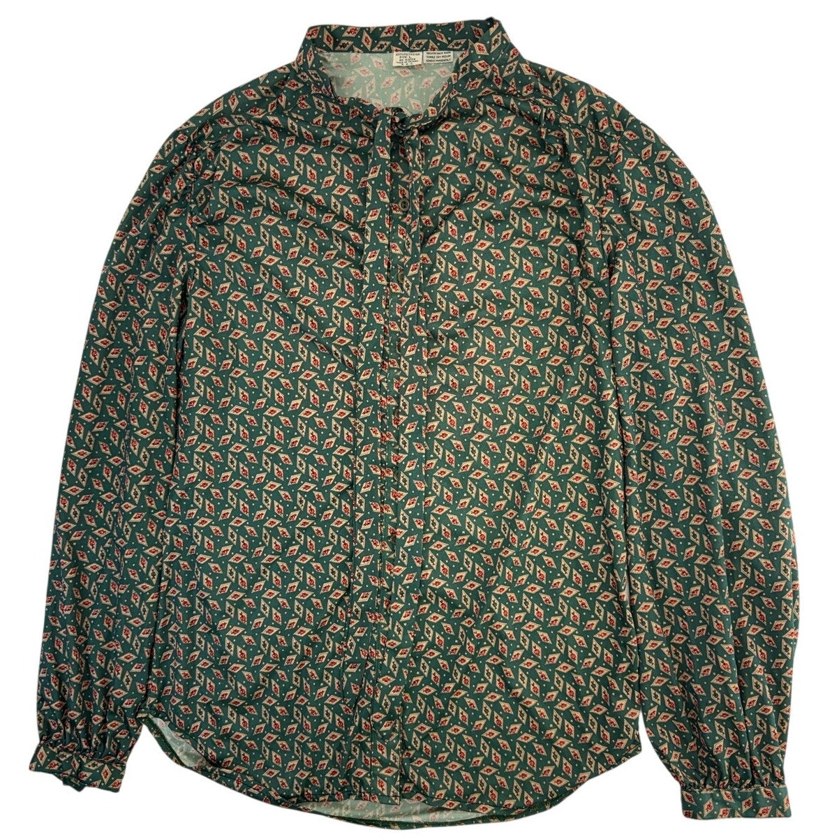 Vintage 70s Green Geometric Bow Tie Neck Polyester Blouse Women's Large