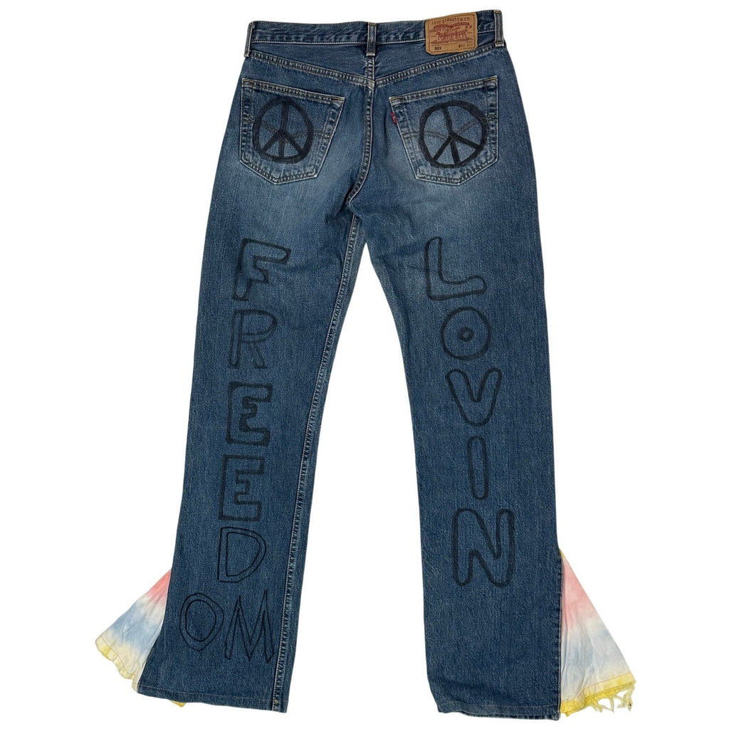Vintage 90s Levi’s 501 Denim Jeans 32x34 Peace Love Freedom Tie Dye