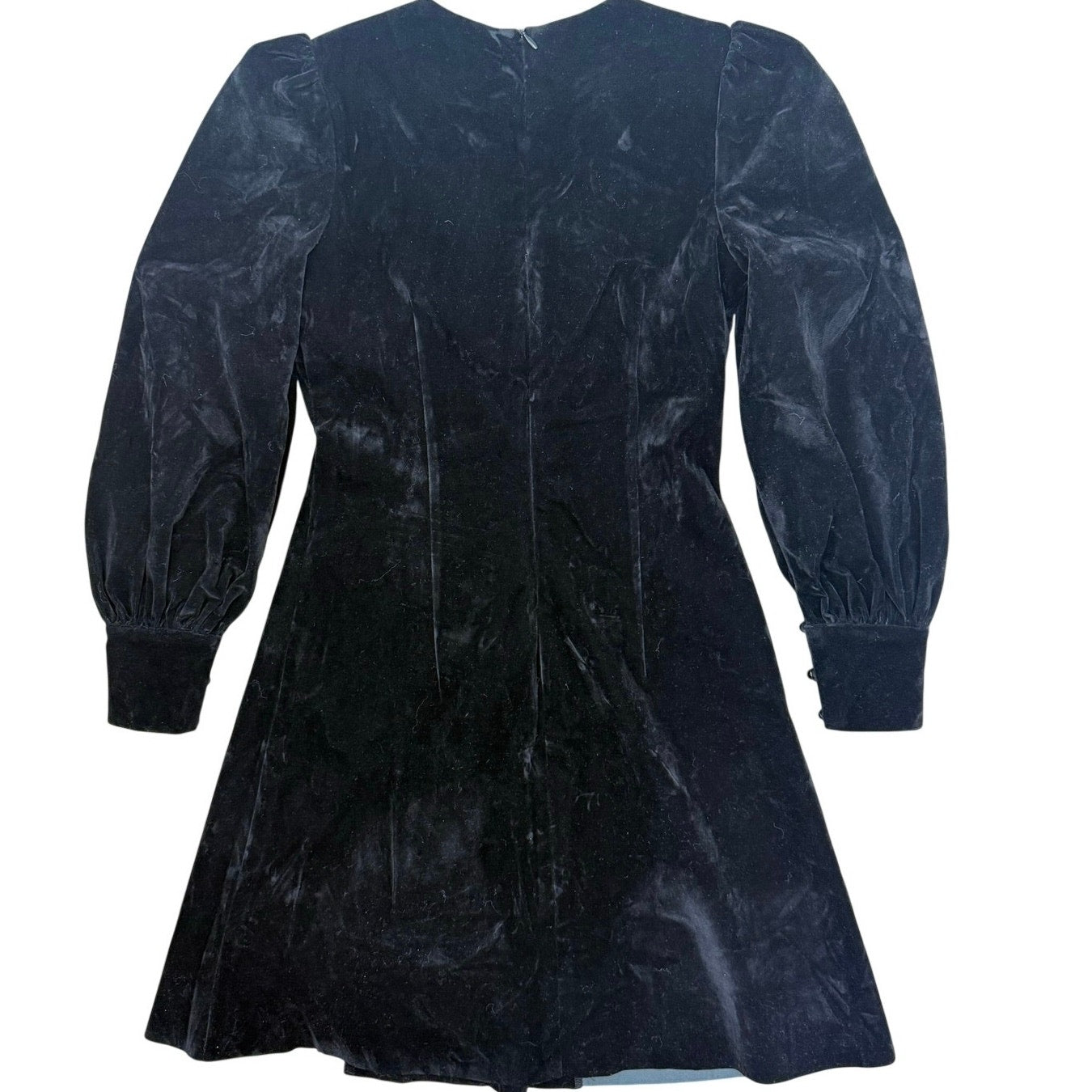 LEP Black Velvet Mini Dress Women's Medium Puff Sleeve Gold Button Back Zip Y2K