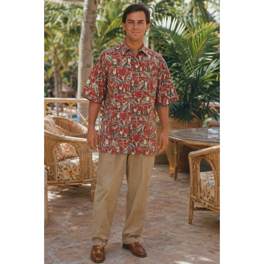 Vintage 90s Campia Men's Large Red Cocktail Print Hawaiian Aloha Shirt Cotton