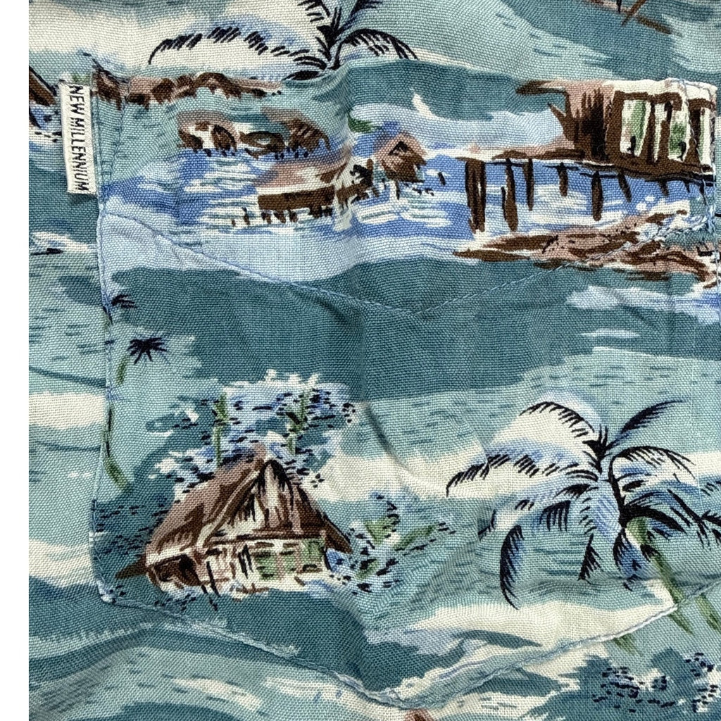 Vintage 90s New Millenium Blue Tropical Rayon Hawaiian Shirt Mens 2XL