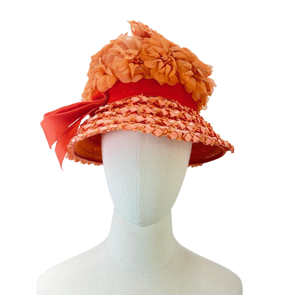 Vintage 1960s Orange Floral Raffia Straw Hat Velvet Ribbon Garden Party
