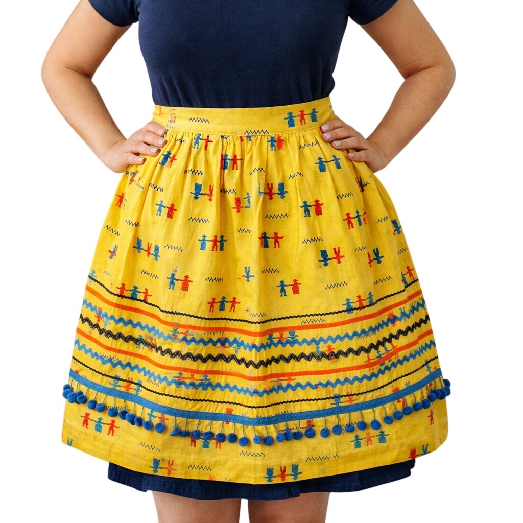 Vintage 60s Waist Apron Yellow Dutch Folk Print Pom Pom Lined