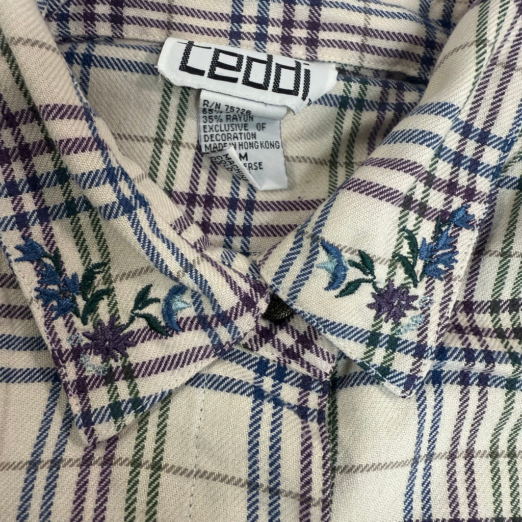 Vintage Plaid Flannel Button Down Shirt Roll Tab Embroidered Women's Medium