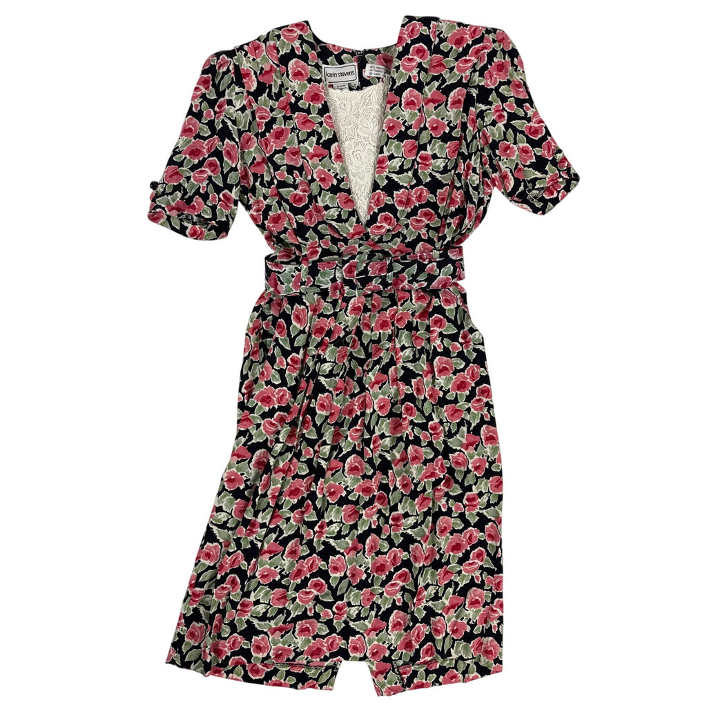 Vintage 80s Karin Stevens Pink Floral Rayon Belted Midi Sheath Dress Medium