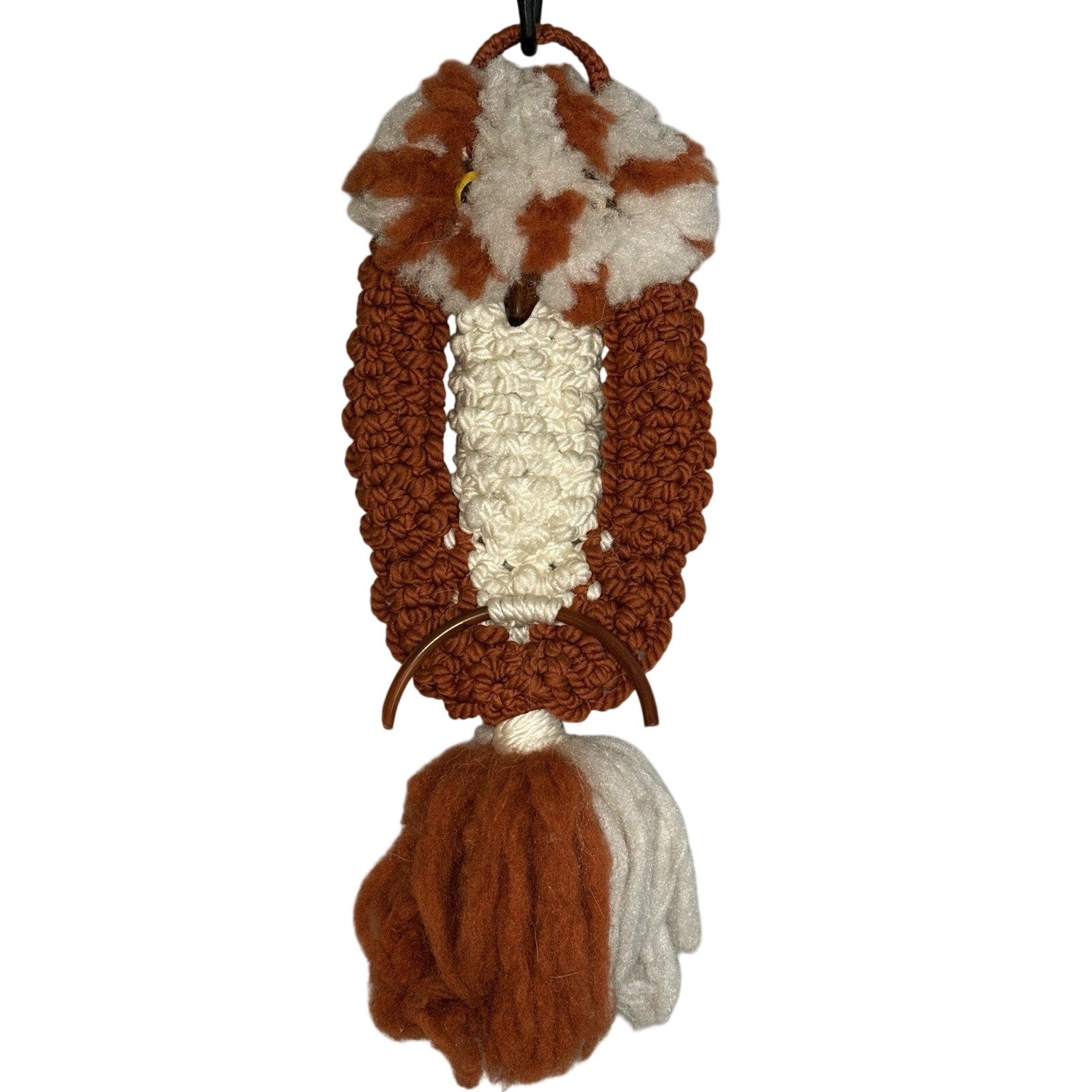 Vintage 70s Macrame Owl Wall Hanging Cream Brown MCM 27"