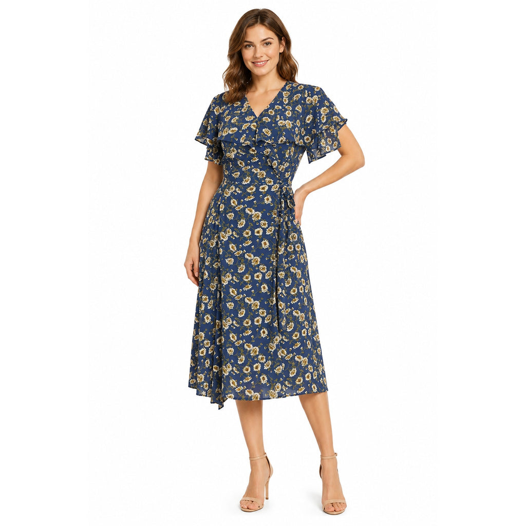 Vintage 80s Kristy Michaels Blue Floral Midi Dress Tie Waist A-Line Women's 12