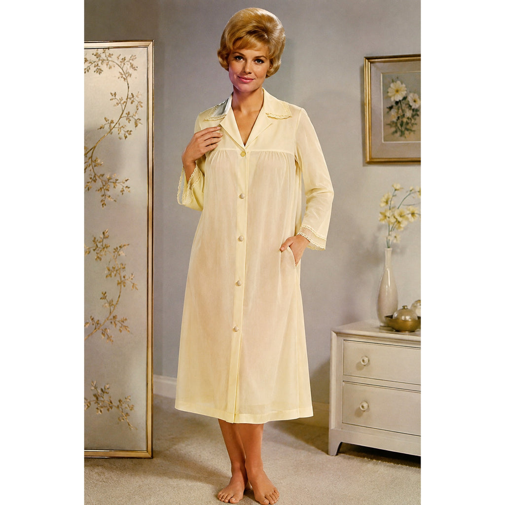 Vintage 1960s Vanity Fair Yellow Nylon Lace Trim Peignoir Robe 34 Bust