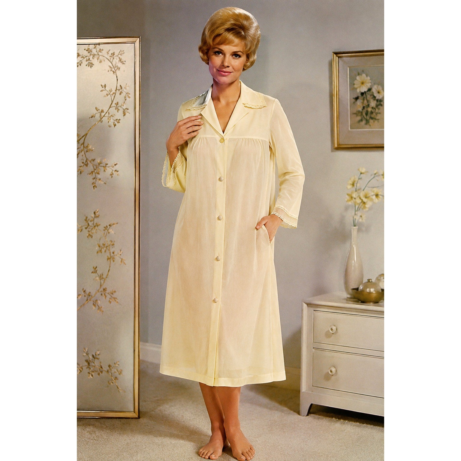 Vintage 1960s Vanity Fair Yellow Nylon Lace Trim Peignoir Robe 34 Bust
