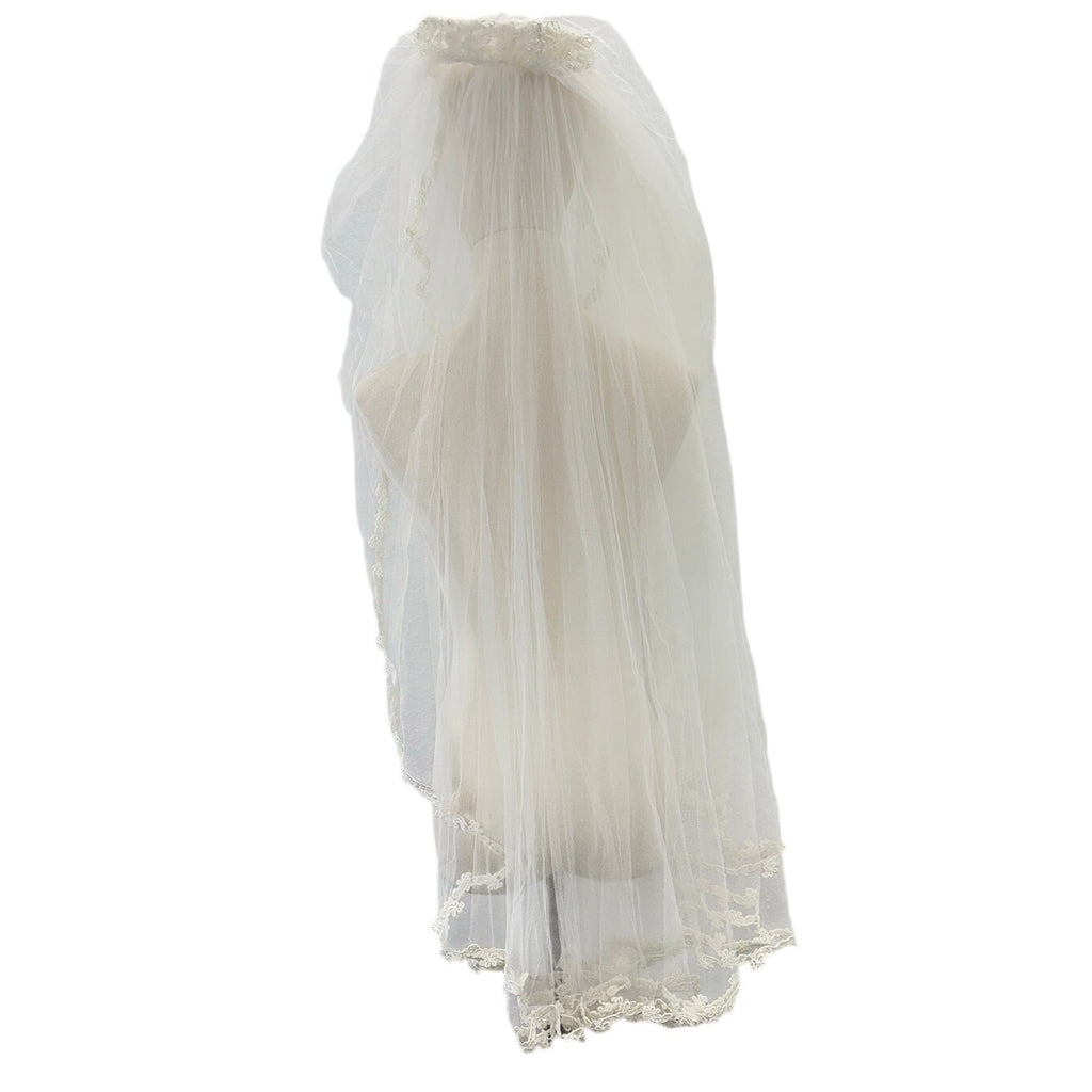Vintage 70s Bridal Veil Pearl Lace Wedding Headpiece Double Layer