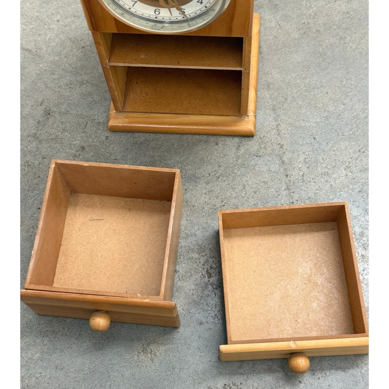 Vintage 80s Wood Lamp Quartz Clock Drawers Honey Tone Nightstand Light