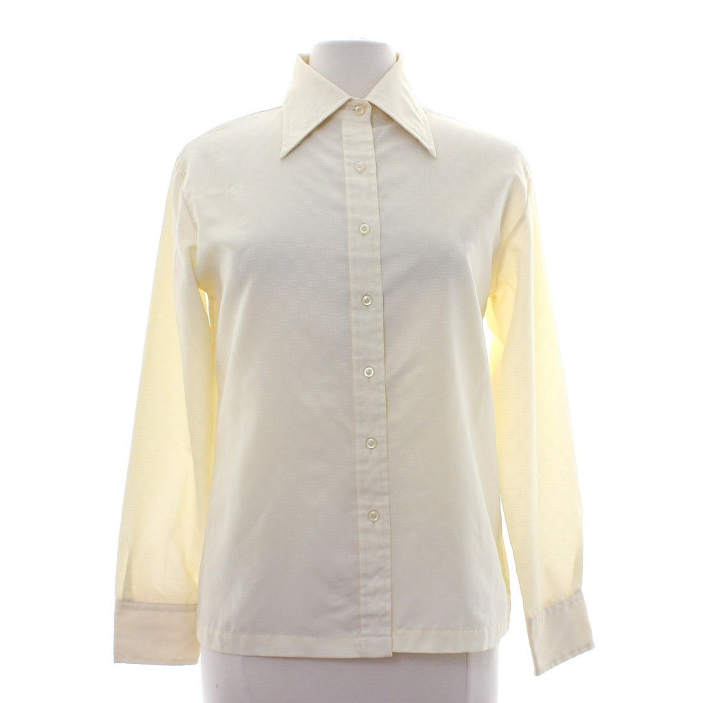 Vintage 70s Ivory Embossed Polyester Blouse Geometric Disco Shirt Women's Medium