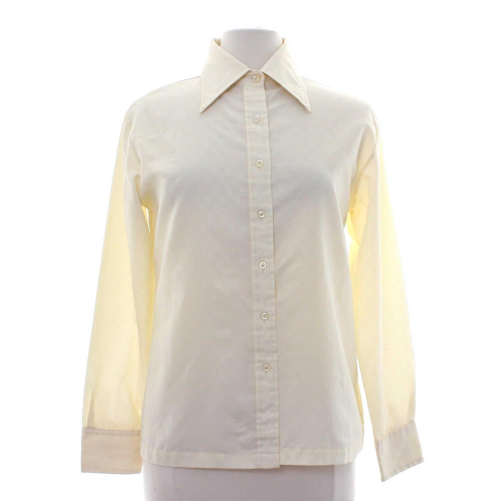 Vintage 70s Ivory Embossed Polyester Blouse Geometric Disco Shirt Women's Medium