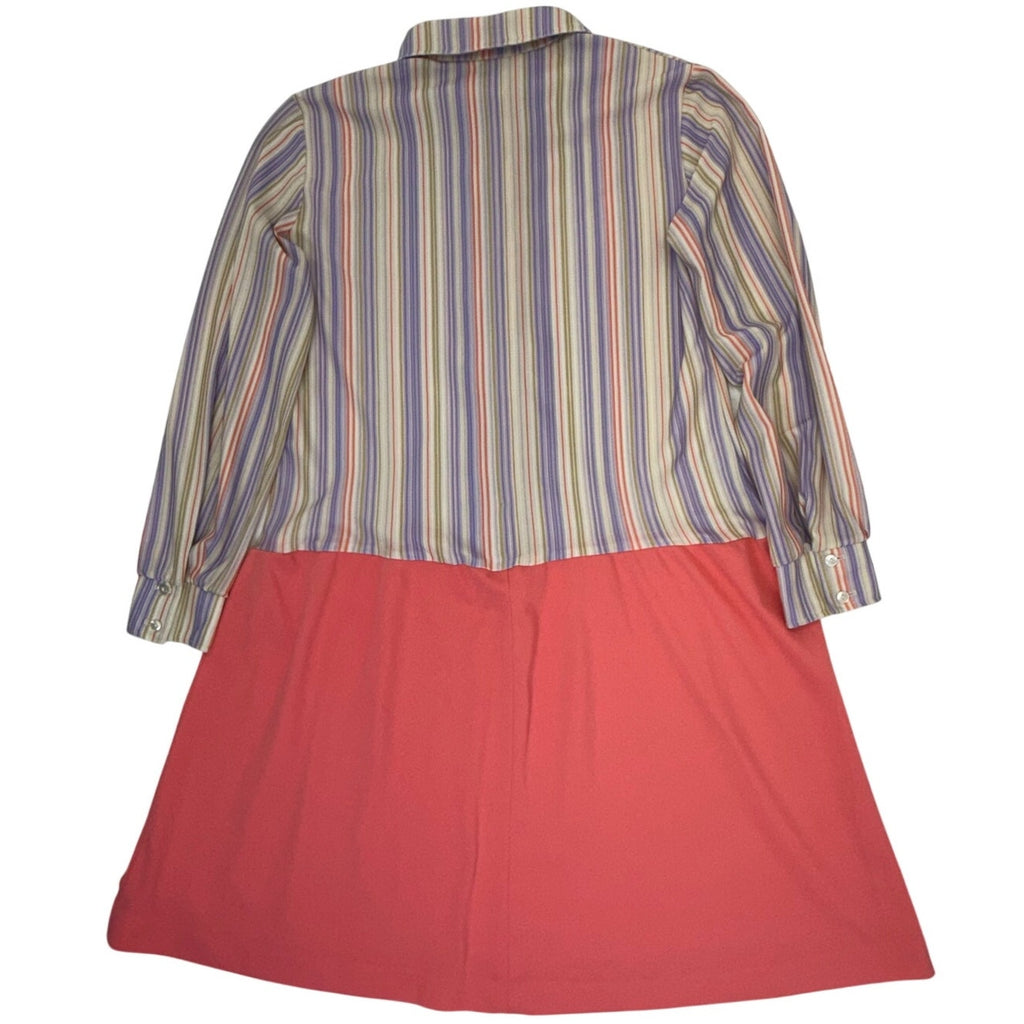 Vintage 70s Stripe Shirtwaist Mini Dress Peach Lavender Mod Polyester Women's M